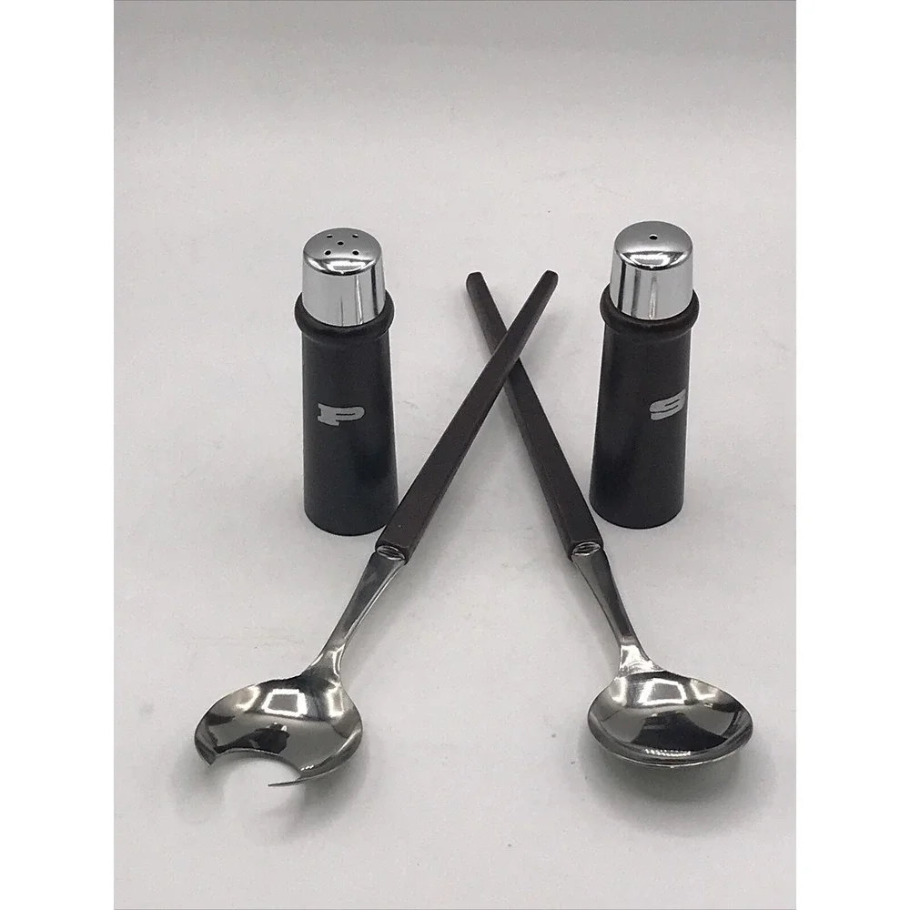 Dark Wood Column Metal‎ Cap Salt and Pepper Shakers Japan & SALAD SPOONS